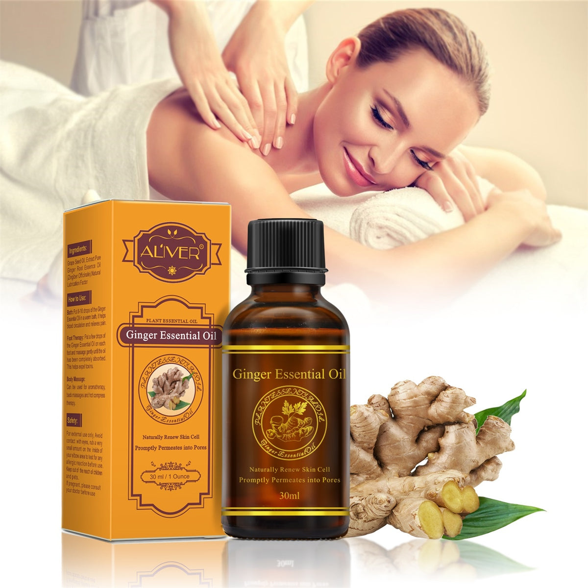 ALIVER Ginger essential oil body massage dampness therapy relieve pain anti-aging lymphatic detoxification body massage oilTSLM1